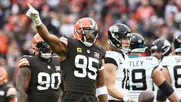 Dec 10, 2023; Cleveland, Ohio, USA; Cleveland Browns defensive end Myles Garrett (95) celebrates after the Jacksonville Jaguars were called for a penalty during the first quarter at Cleveland Browns Stadium.